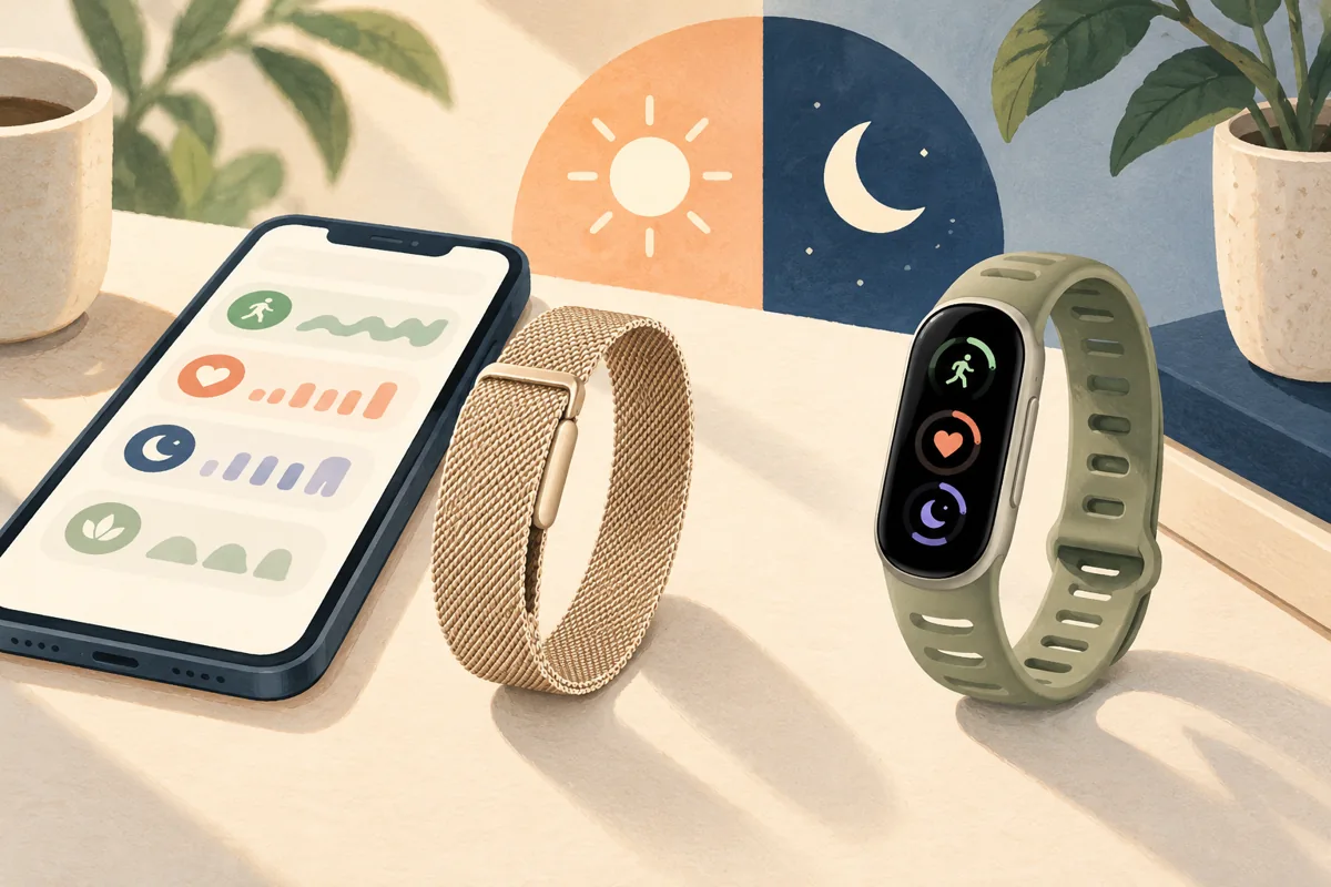 Illustrated screenless Fitbit Air and display-equipped Fitbit Edge beside a phone