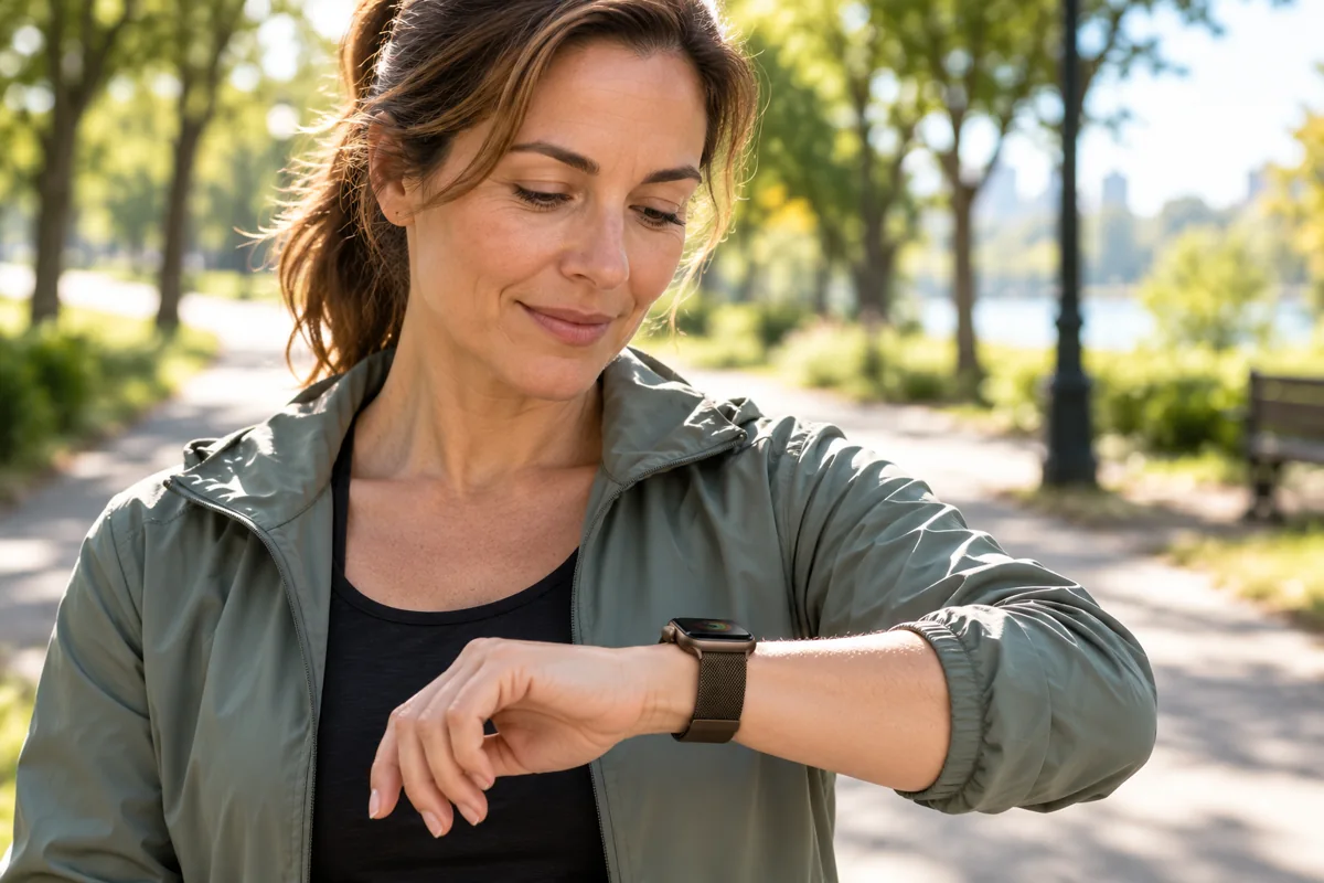 Woman checking an Apple Watch reconstruction on a park path