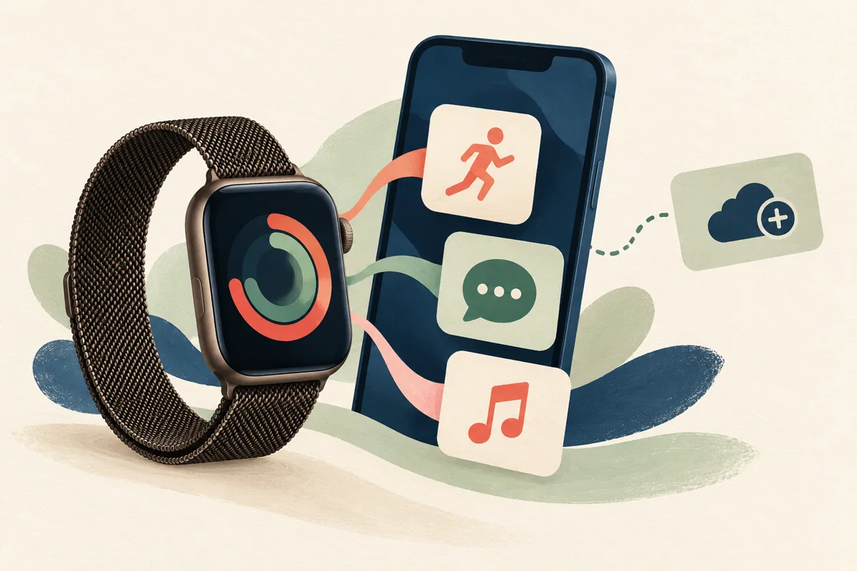 Illustrated Apple Watch, phone, activity, messages, music, and an optional service card