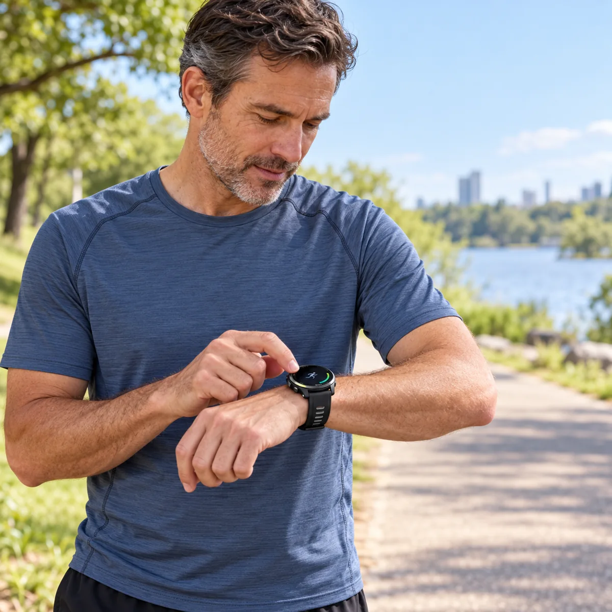 Runner pausing on a park trail to check a Garmin watch reconstruction