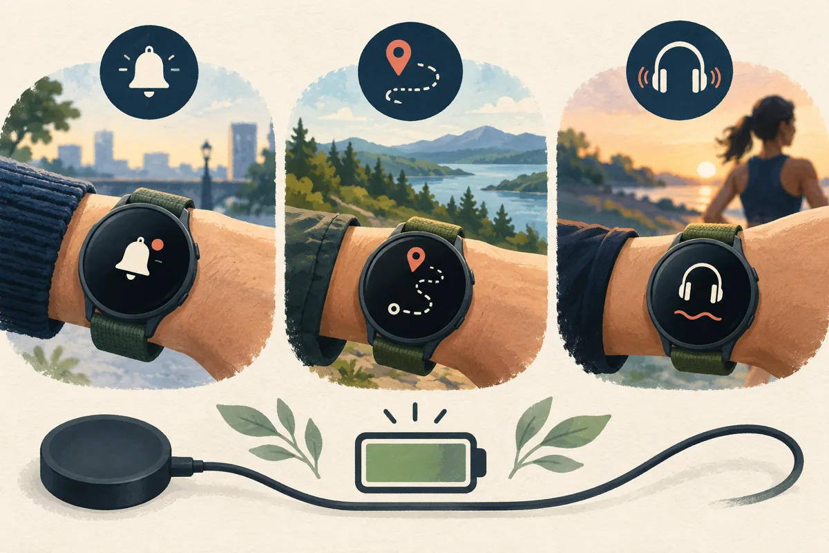 Illustrated watch-use scenarios for ordinary notifications, GPS recording, and music