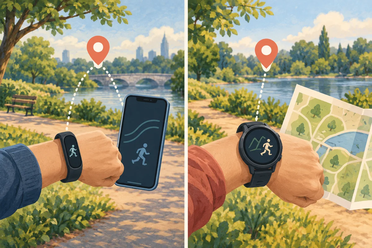 Illustration contrasting phone-assisted route recording with onboard watch navigation