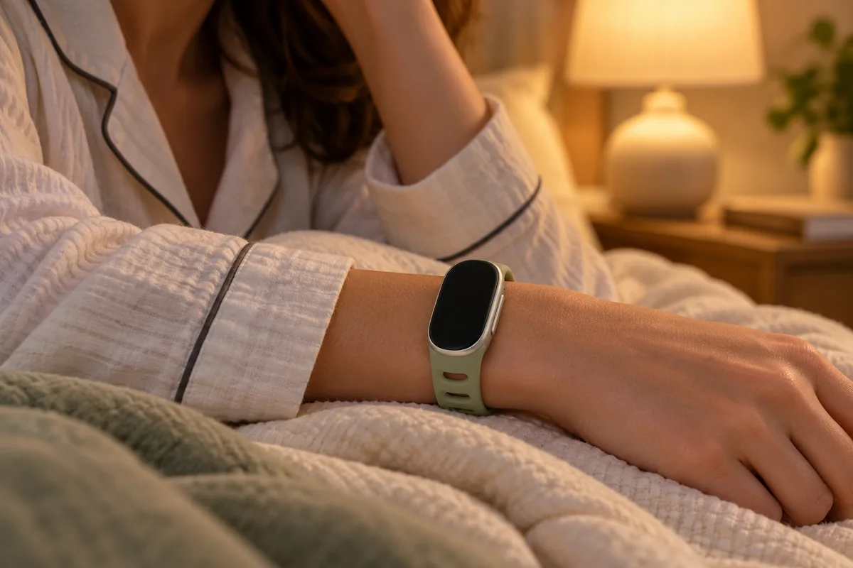 Wrist wearing a Fitbit Edge reconstruction above a light blanket