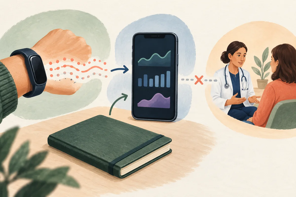 Illustrated wrist sensor signals, approximate phone trends, and a personal notebook