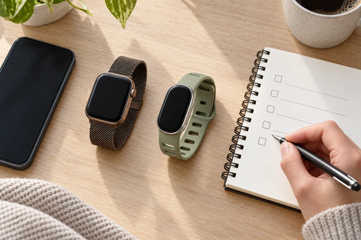 Apple Watch and Fitbit reconstructions beside a blank notebook checklist